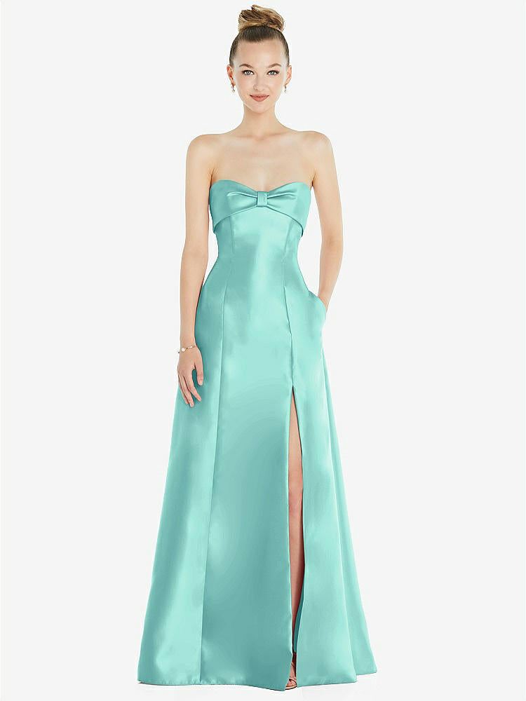 【STYLE: D830】Bow Cuff Strapless Satin Ball Gown with Pockets【COLOR: Coastal】