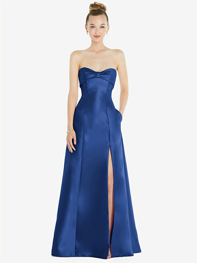 【STYLE: D830】Bow Cuff Strapless Satin Ball Gown with Pockets【COLOR: Classic Blue】