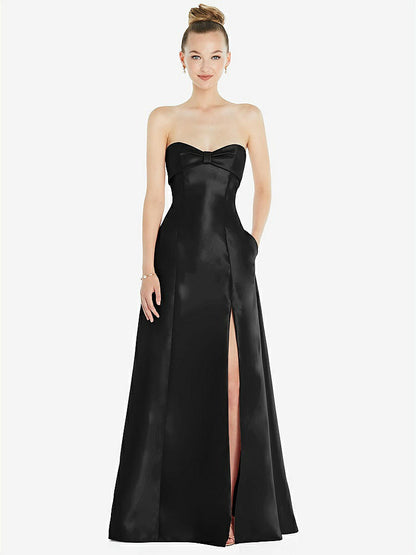 【STYLE: D830】Bow Cuff Strapless Satin Ball Gown with Pockets【COLOR: Black】