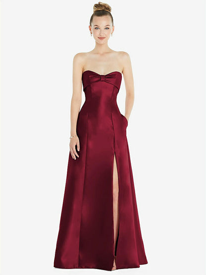 【STYLE: D830】Bow Cuff Strapless Satin Ball Gown with Pockets【COLOR: Burgundy】