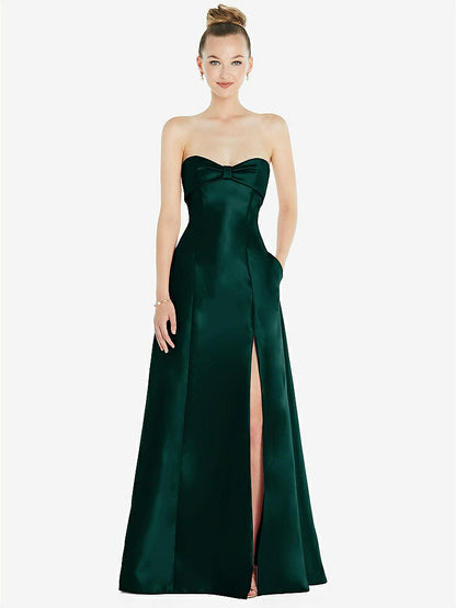 【STYLE: D830】Bow Cuff Strapless Satin Ball Gown with Pockets【COLOR: Evergreen】