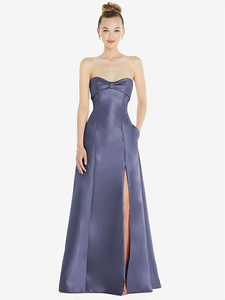 【STYLE: D830】Bow Cuff Strapless Satin Ball Gown with Pockets【COLOR: French Blue】
