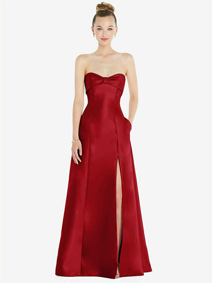 【STYLE: D830】Bow Cuff Strapless Satin Ball Gown with Pockets【COLOR: Garnet】