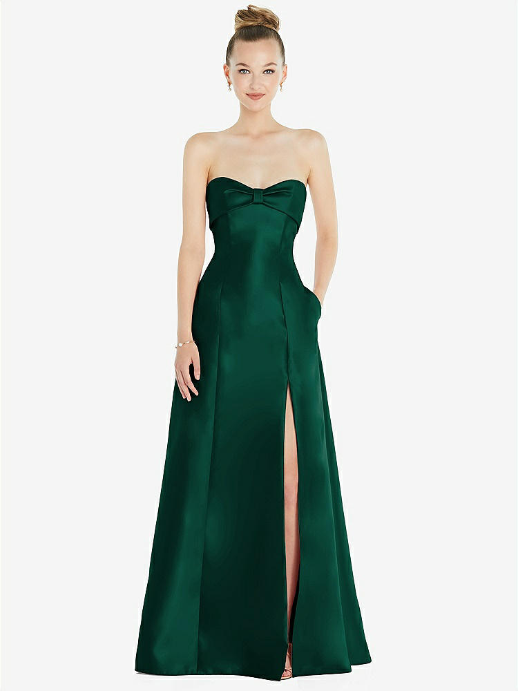 【STYLE: D830】Bow Cuff Strapless Satin Ball Gown with Pockets【COLOR: Hunter Green】