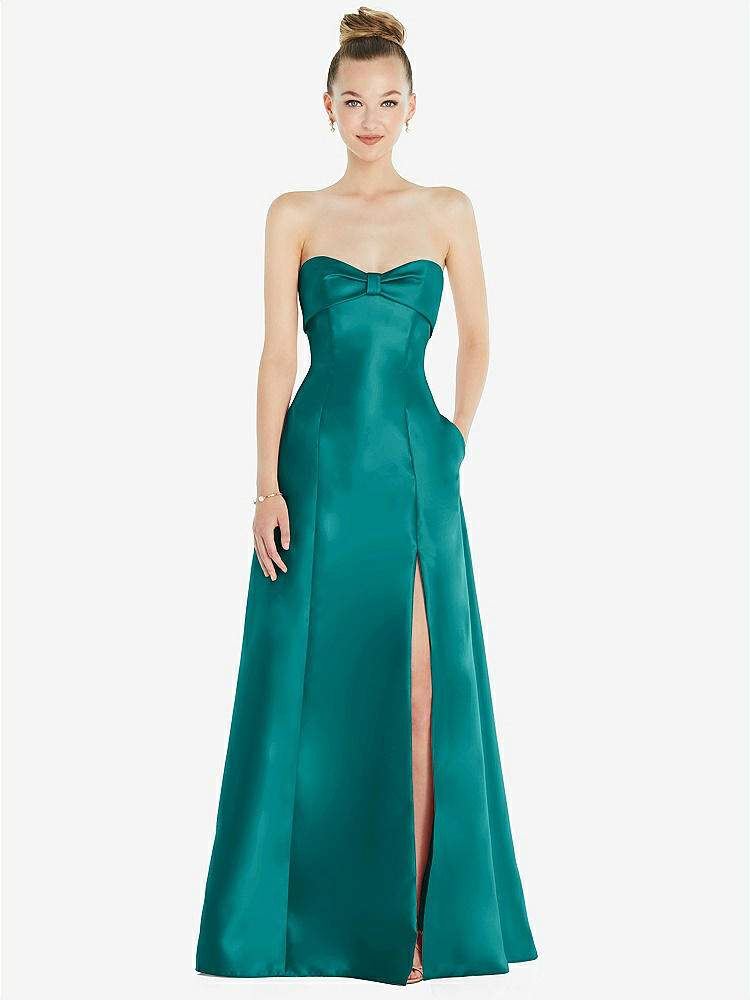 【STYLE: D830】Bow Cuff Strapless Satin Ball Gown with Pockets【COLOR: Jade】