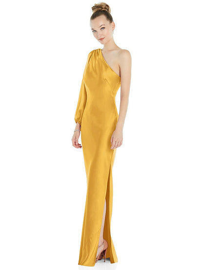 【NEW】【STYLE: 8216】ワンショルダー パフ スリーブ マキシ バイアス ドレス サイド スリット【COLOR: NYC Yellow】【SIZE: 00-30W】