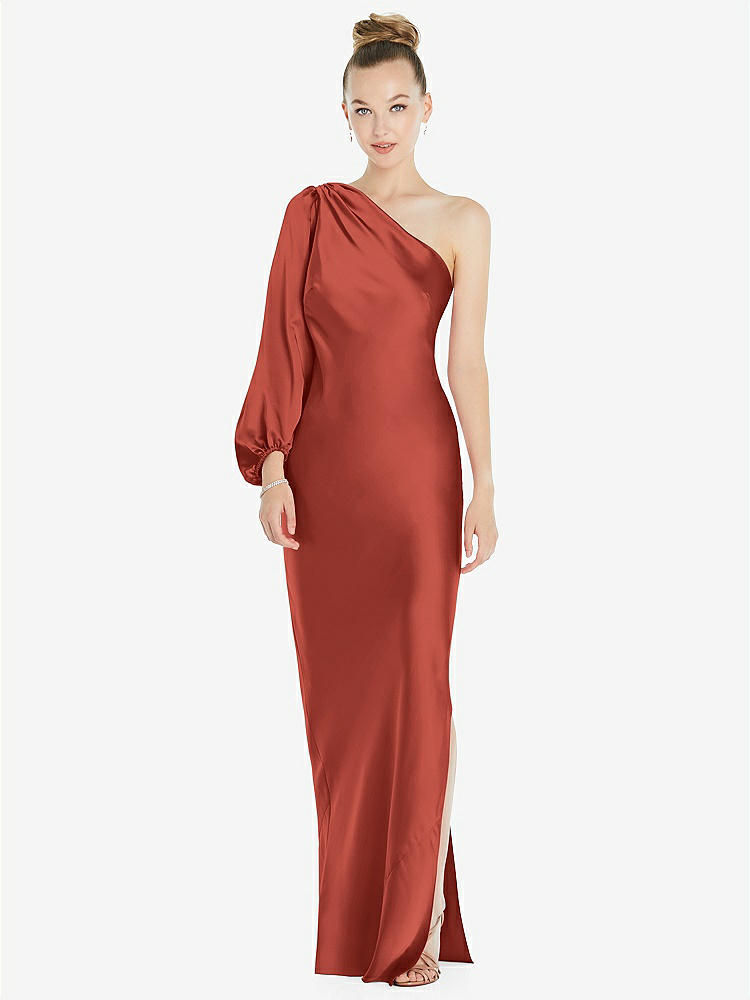 【STYLE: 8216】One-Shoulder Puff Sleeve Maxi Bias Dress with Side Slit【COLOR: Amber Sunset】