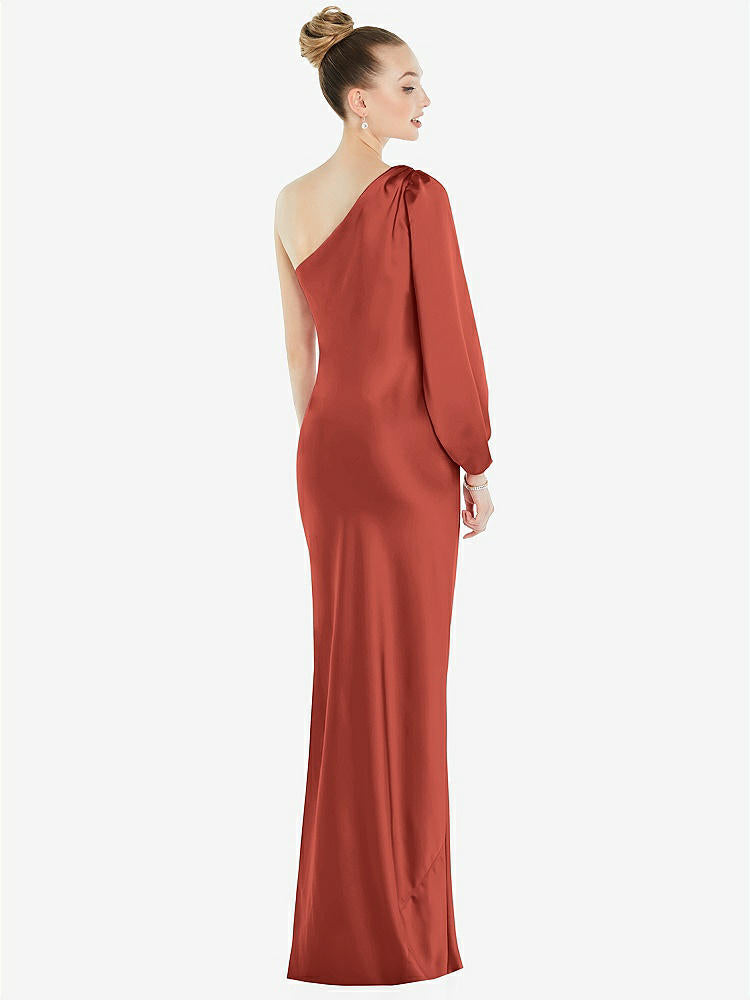 【STYLE: 8216】One-Shoulder Puff Sleeve Maxi Bias Dress with Side Slit【COLOR: Amber Sunset】