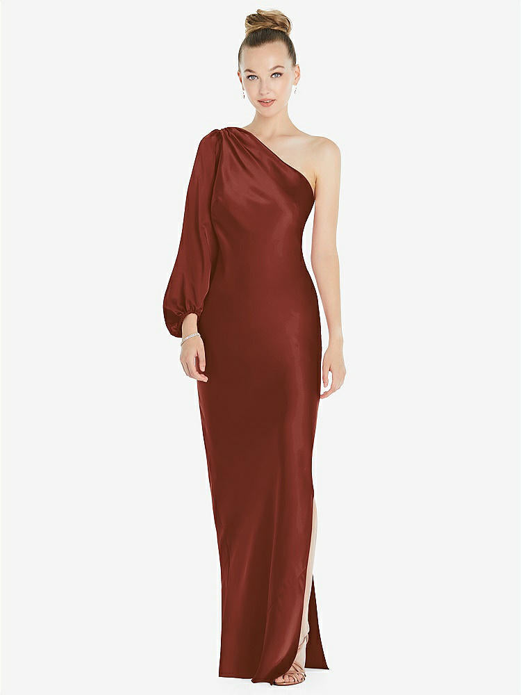 【STYLE: 8216】One-Shoulder Puff Sleeve Maxi Bias Dress with Side Slit【COLOR: Auburn Moon】