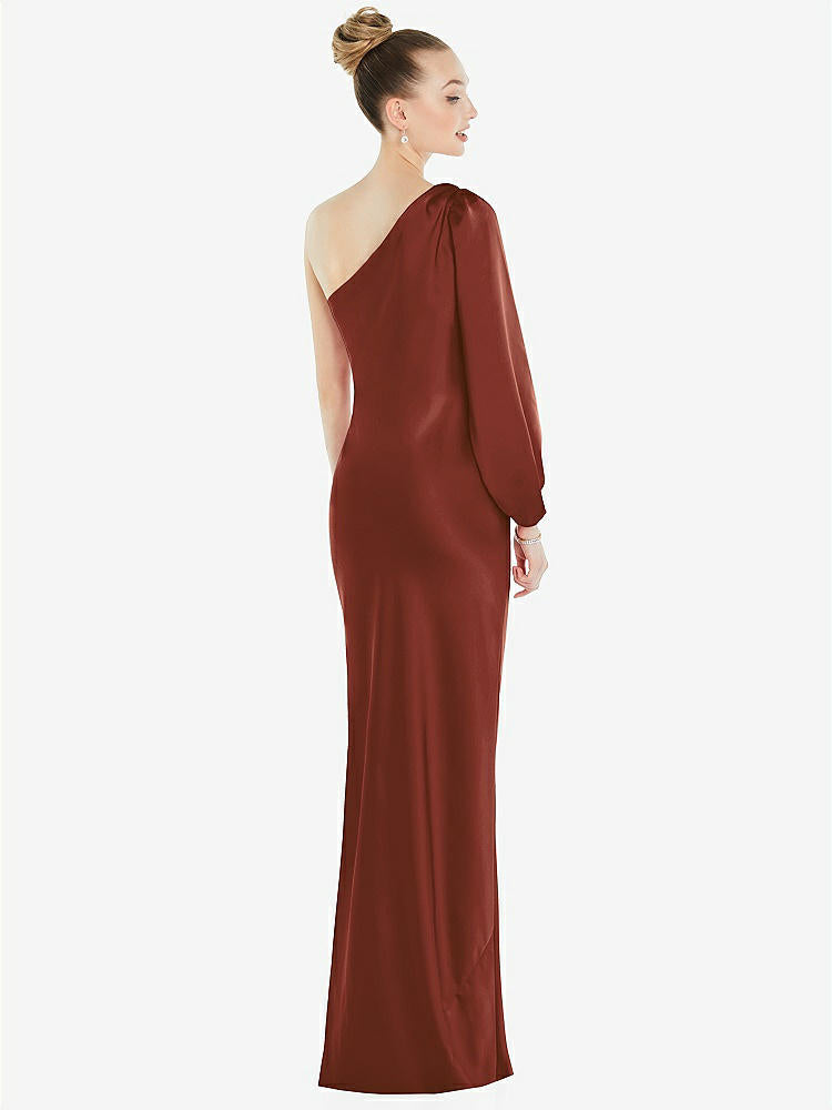 【STYLE: 8216】One-Shoulder Puff Sleeve Maxi Bias Dress with Side Slit【COLOR: Auburn Moon】