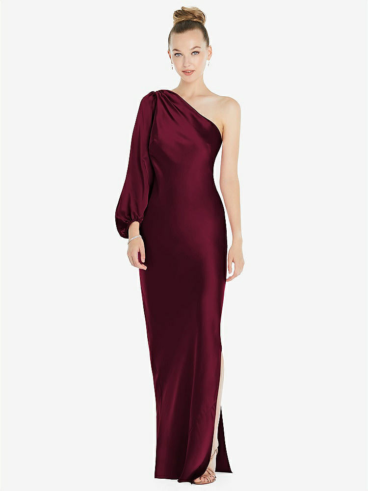 【NEW】【STYLE: 8216】ワンショルダー パフ スリーブ マキシ バイアス ドレス サイド スリット【COLOR: Cabernet】【SIZE: 00-30W】