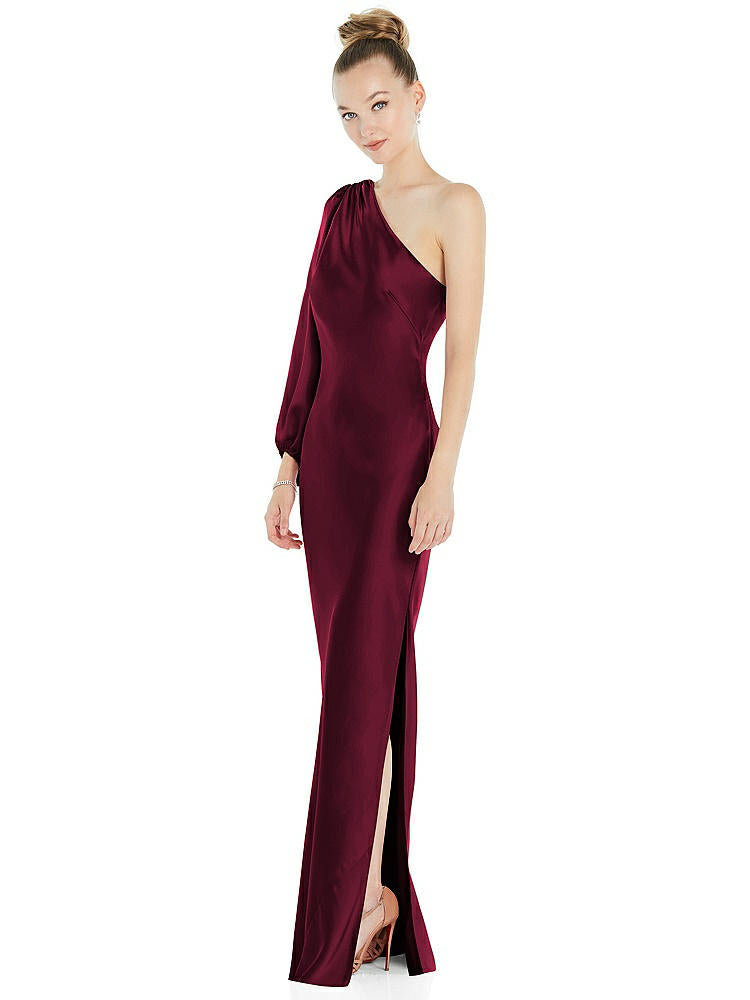 【NEW】【STYLE: 8216】ワンショルダー パフ スリーブ マキシ バイアス ドレス サイド スリット【COLOR: Cabernet】【SIZE: 00-30W】