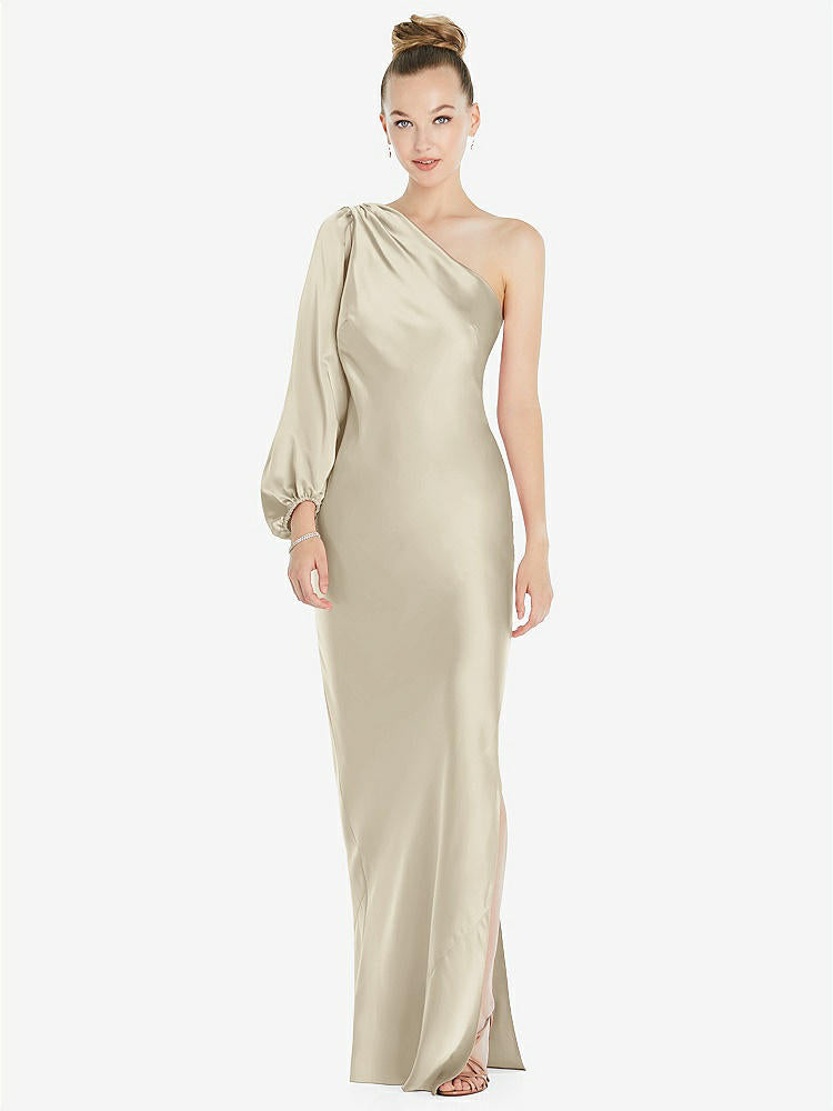 【STYLE: 8216】One-Shoulder Puff Sleeve Maxi Bias Dress with Side Slit【COLOR: Champagne】