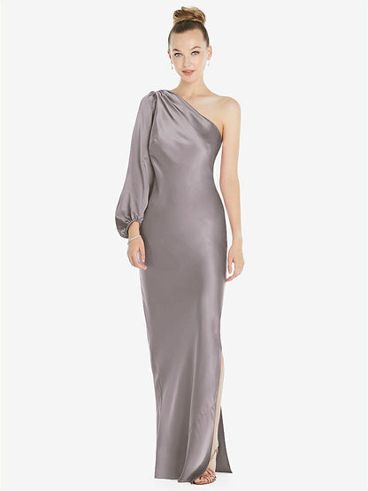 【NEW】【STYLE: 8216】ワンショルダー パフ スリーブ マキシ バイアス ドレス サイド スリット【COLOR: Cashmere Gray】【SIZE: 00-30W】