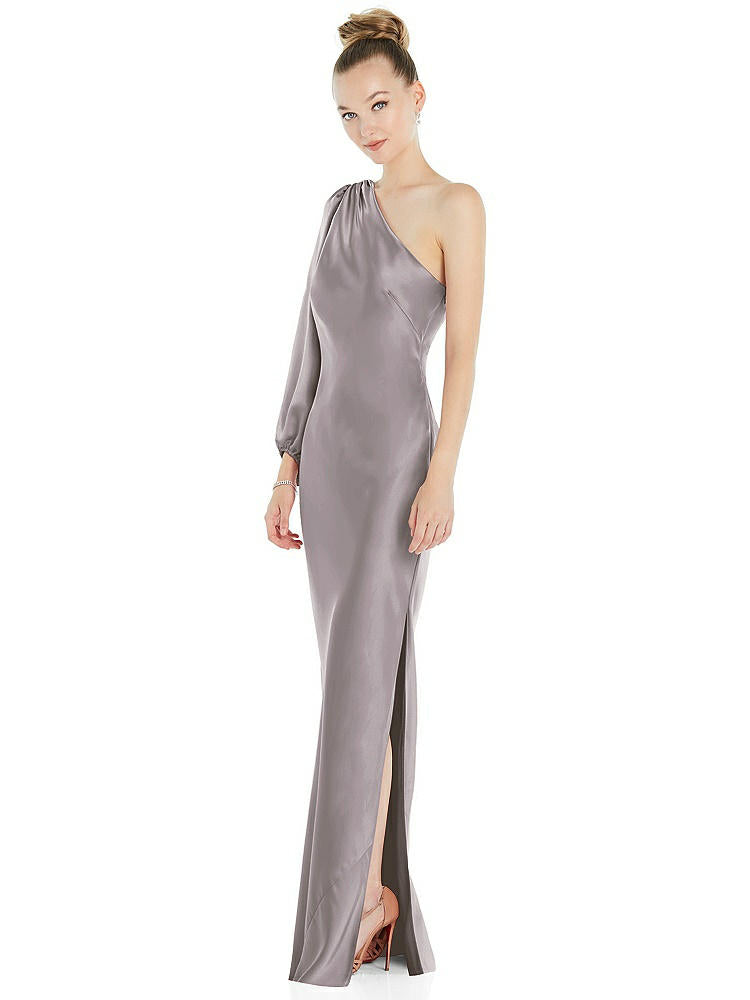 【NEW】【STYLE: 8216】ワンショルダー パフ スリーブ マキシ バイアス ドレス サイド スリット【COLOR: Cashmere Gray】【SIZE: 00-30W】