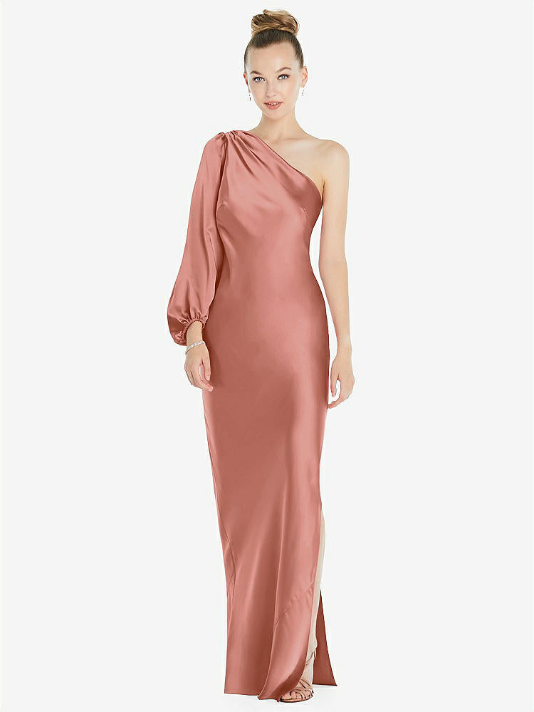 【STYLE: 8216】One-Shoulder Puff Sleeve Maxi Bias Dress with Side Slit【COLOR: Desert Rose】
