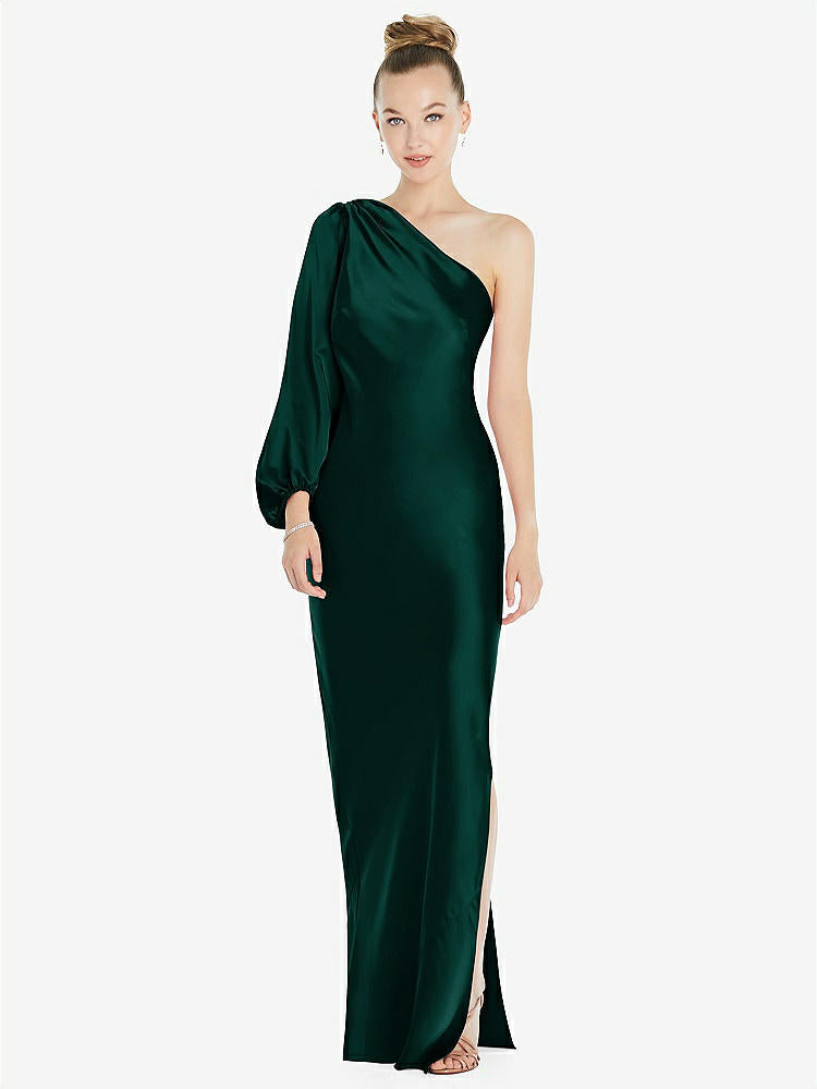 【STYLE: 8216】One-Shoulder Puff Sleeve Maxi Bias Dress with Side Slit【COLOR: Evergreen】
