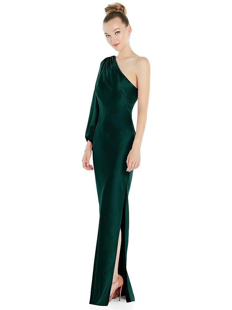 【NEW】【STYLE: 8216】ワンショルダー パフ スリーブ マキシ バイアス ドレス サイド スリット【COLOR: Evergreen】【SIZE: 00-30W】