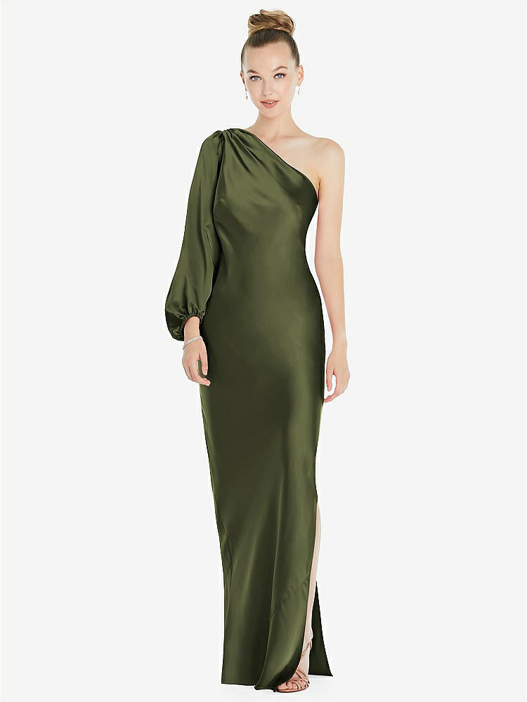 【STYLE: 8216】One-Shoulder Puff Sleeve Maxi Bias Dress with Side Slit【COLOR: Olive Green】
