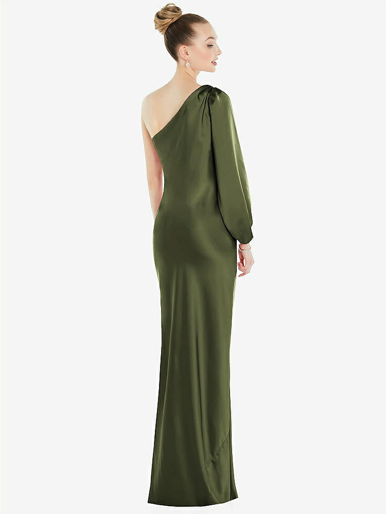 【STYLE: 8216】One-Shoulder Puff Sleeve Maxi Bias Dress with Side Slit【COLOR: Olive Green】