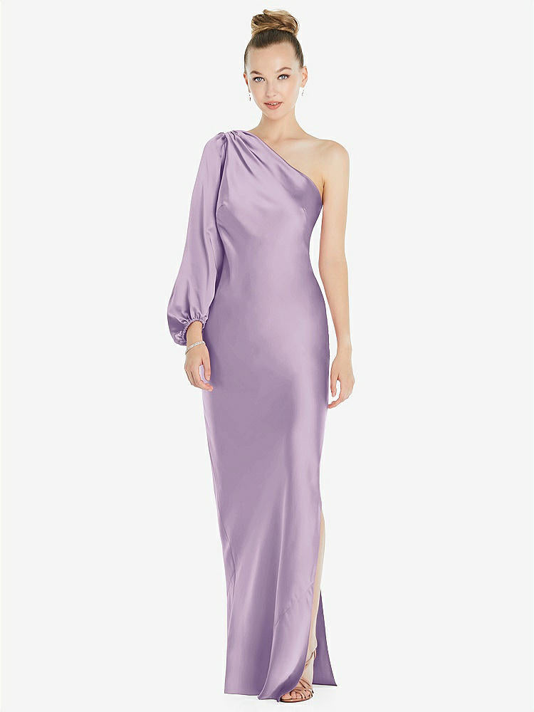 【NEW】【STYLE: 8216】ワンショルダー パフ スリーブ マキシ バイアス ドレス サイド スリット【COLOR: Pale Purple】【SIZE: 00-30W】