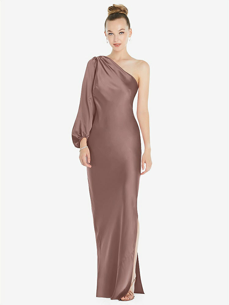 【STYLE: 8216】One-Shoulder Puff Sleeve Maxi Bias Dress with Side Slit【COLOR: Sienna】