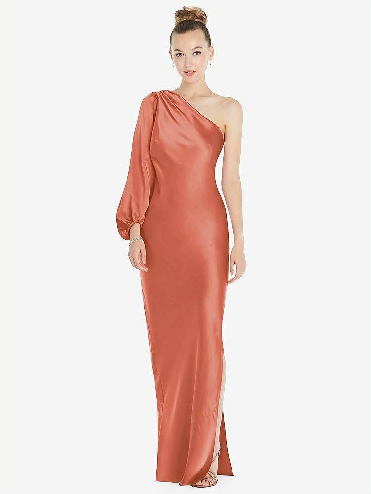 【STYLE: 8216】One-Shoulder Puff Sleeve Maxi Bias Dress with Side Slit【COLOR: Terracotta Copper】