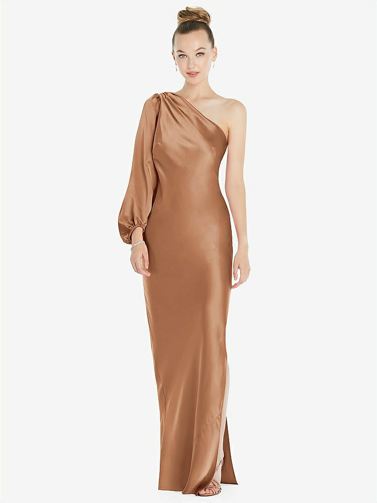 【STYLE: 8216】One-Shoulder Puff Sleeve Maxi Bias Dress with Side Slit【COLOR: Toffee】
