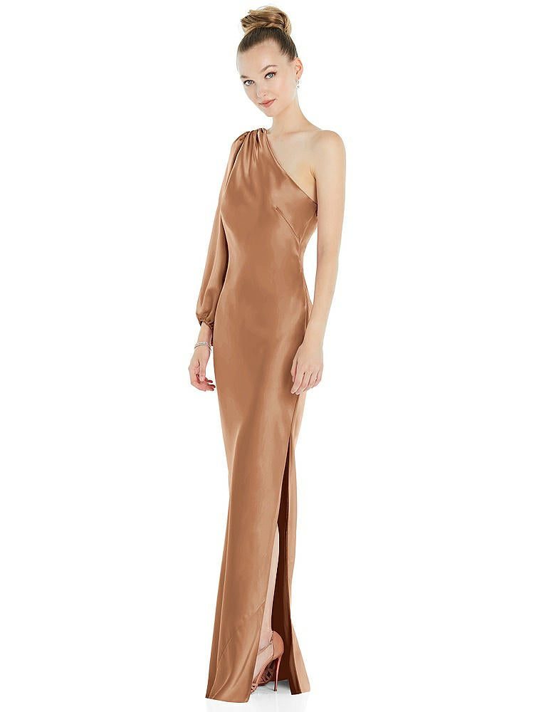 【STYLE: 8216】One-Shoulder Puff Sleeve Maxi Bias Dress with Side Slit【COLOR: Toffee】