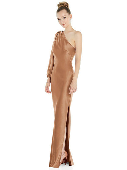 【STYLE: 8216】One-Shoulder Puff Sleeve Maxi Bias Dress with Side Slit【COLOR: Toffee】