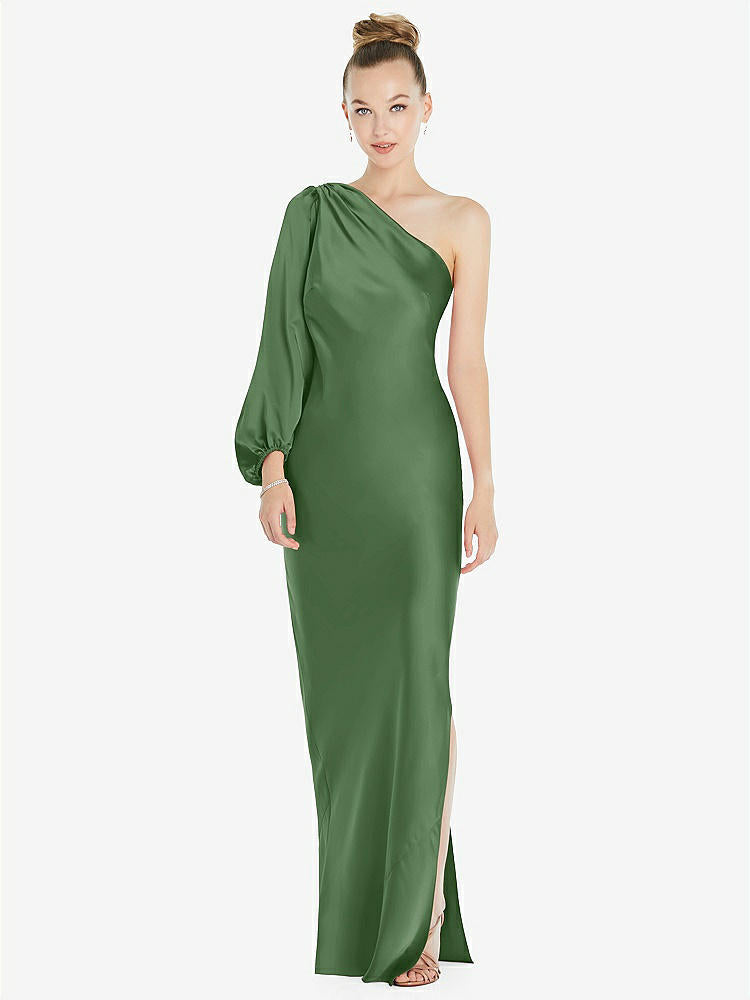 【NEW】【STYLE: 8216】ワンショルダー パフ スリーブ マキシ バイアス ドレス サイド スリット【COLOR: Vineyard Green】【SIZE: 00-30W】
