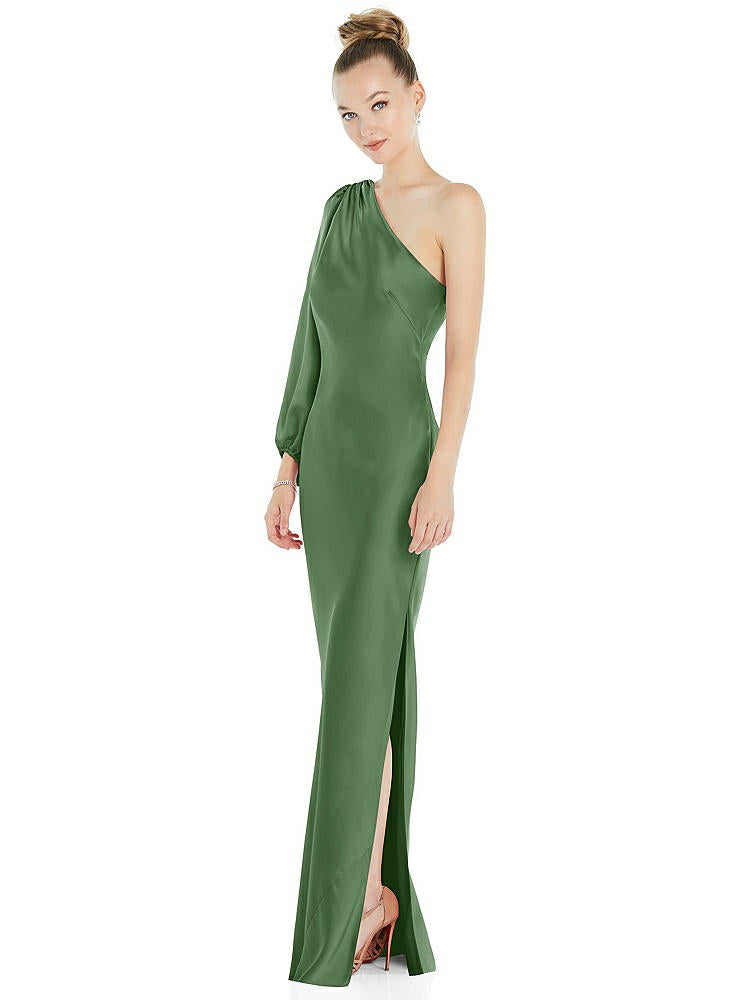 【NEW】【STYLE: 8216】ワンショルダー パフ スリーブ マキシ バイアス ドレス サイド スリット【COLOR: Vineyard Green】【SIZE: 00-30W】