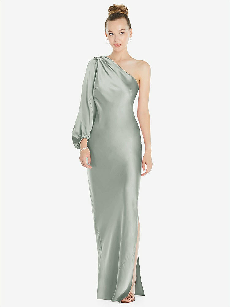 【STYLE: 8216】One-Shoulder Puff Sleeve Maxi Bias Dress with Side Slit【COLOR: Willow Green】