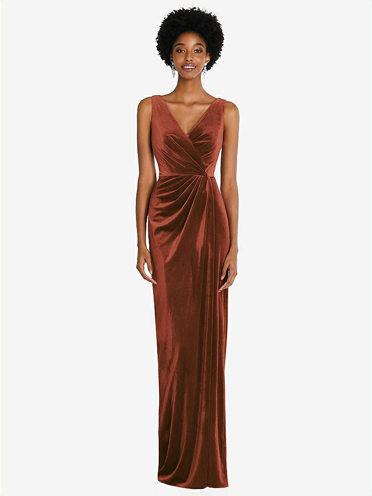 【STYLE: 6861】Draped Skirt Faux Wrap Velvet Maxi Dress【COLOR: Auburn Moon】