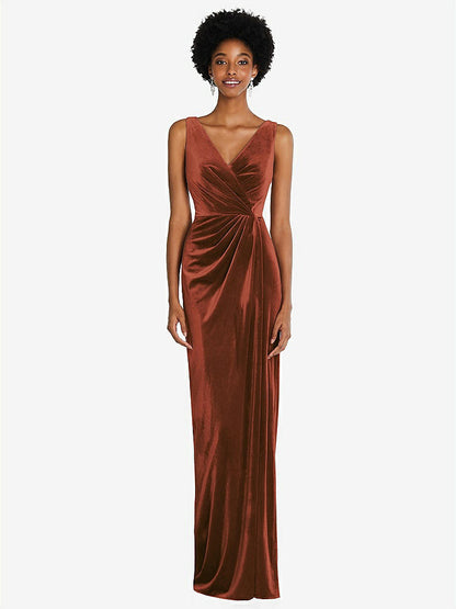 【STYLE: 6861】Draped Skirt Faux Wrap Velvet Maxi Dress【COLOR: Auburn Moon】
