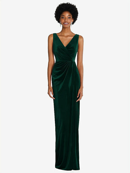 【NEW】【STYLE: 6861】ドレープ スカート フェイク ラップ ベルベット マキシ ドレス【COLOR: Evergreen】【SIZE: 00-30W】