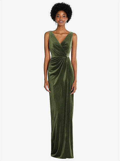 【NEW】【STYLE: 6861】ドレープ スカート フェイク ラップ ベルベット マキシ ドレス【COLOR: Olive Green】【SIZE: 00-30W】