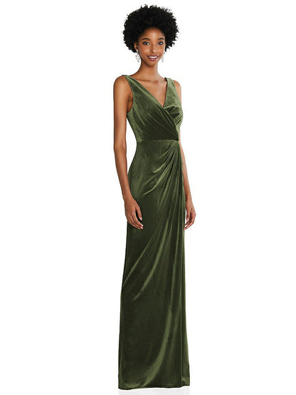 【NEW】【STYLE: 6861】ドレープ スカート フェイク ラップ ベルベット マキシ ドレス【COLOR: Olive Green】【SIZE: 00-30W】