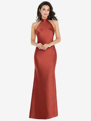 【STYLE: 8223】Scarf Tie High-Neck Halter Maxi Slip Dress【COLOR: Amber Sunset】