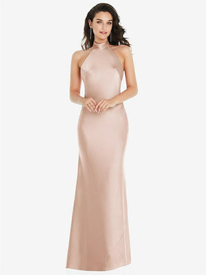 【STYLE: 8223】Scarf Tie High-Neck Halter Maxi Slip Dress【COLOR: Cameo】