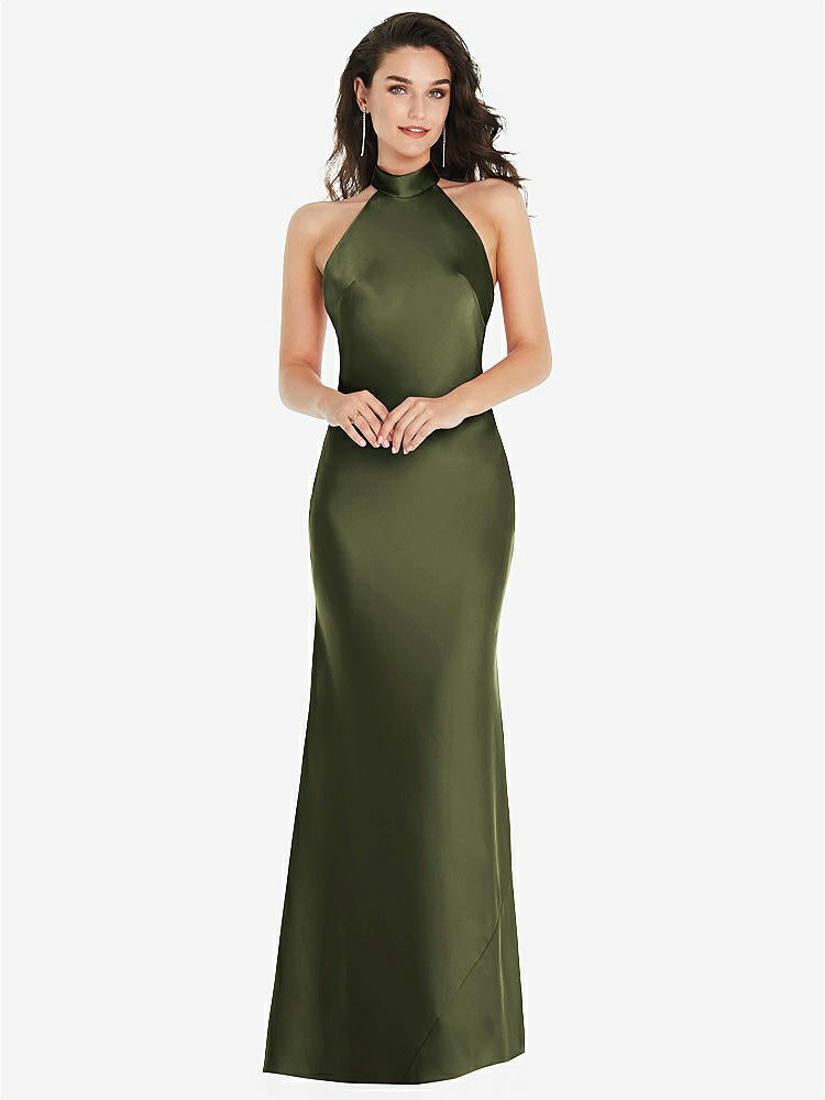 【STYLE: 8223】Scarf Tie High-Neck Halter Maxi Slip Dress【COLOR: Olive Green】