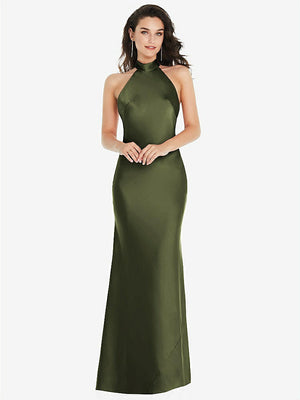 【STYLE: 8223】Scarf Tie High-Neck Halter Maxi Slip Dress【COLOR: Olive Green】