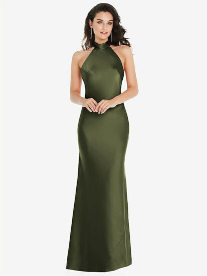 【STYLE: 8223】Scarf Tie High-Neck Halter Maxi Slip Dress【COLOR: Olive Green】