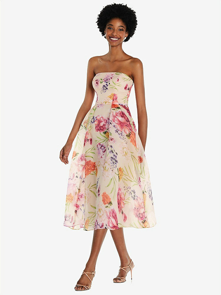 【STYLE: D834FP】Strapless Pink Floral Organdy Midi Dress【COLOR: Penelope Floral Print】