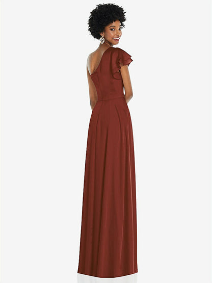 【STYLE: 3099】Draped One-Shoulder Flutter Sleeve Maxi Dress with Front Slit【COLOR: Auburn Moon】