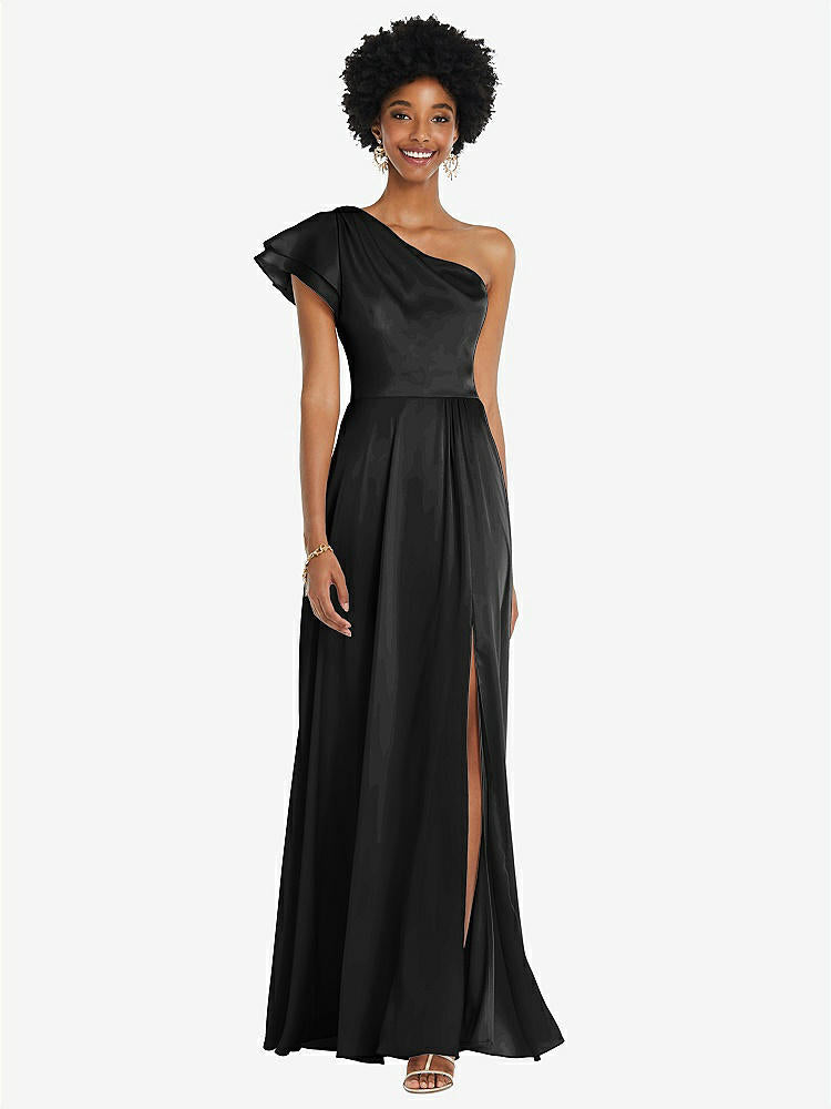 【STYLE: 3099】Draped One-Shoulder Flutter Sleeve Maxi Dress with Front Slit【COLOR: Black】