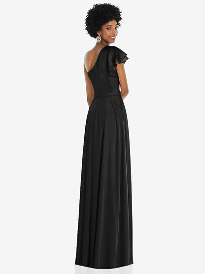 【STYLE: 3099】Draped One-Shoulder Flutter Sleeve Maxi Dress with Front Slit【COLOR: Black】