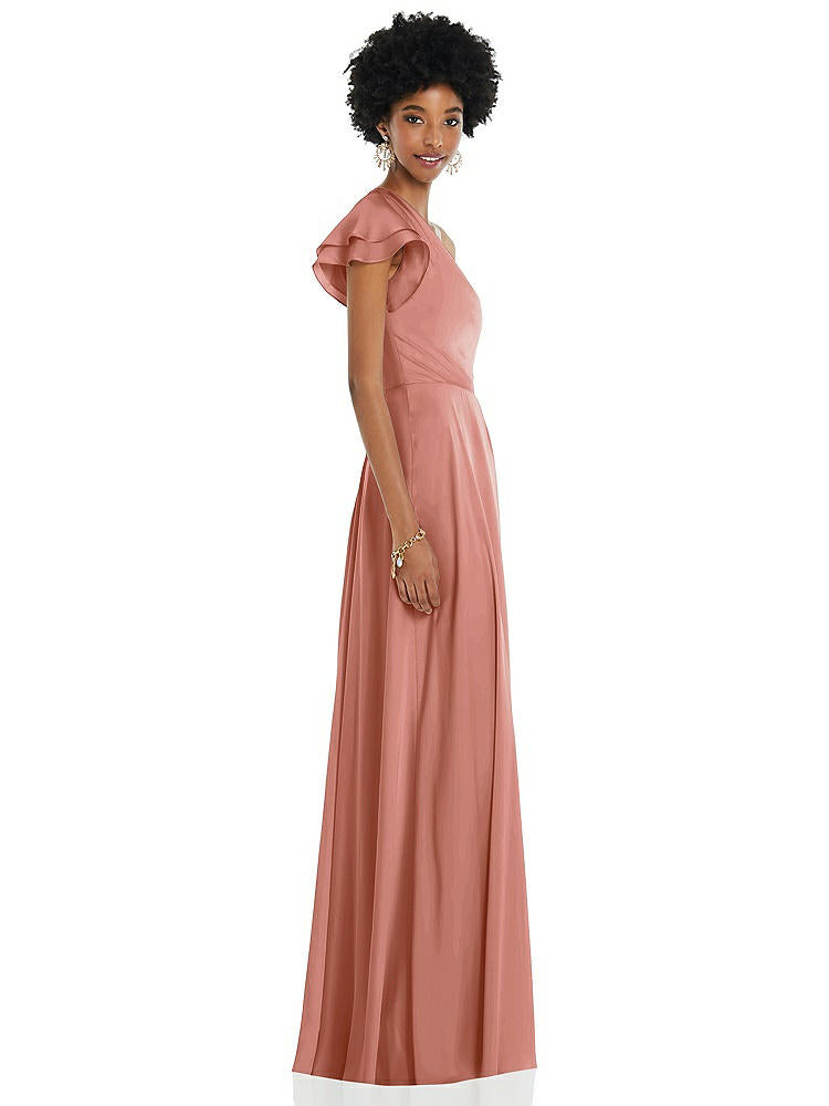 【NEW】【STYLE: 3099】ドレープ ワンショルダー フラッター 袖 マキシ ドレス 前面 スリット【COLOR: Desert Rose】【SIZE: 00-30W】