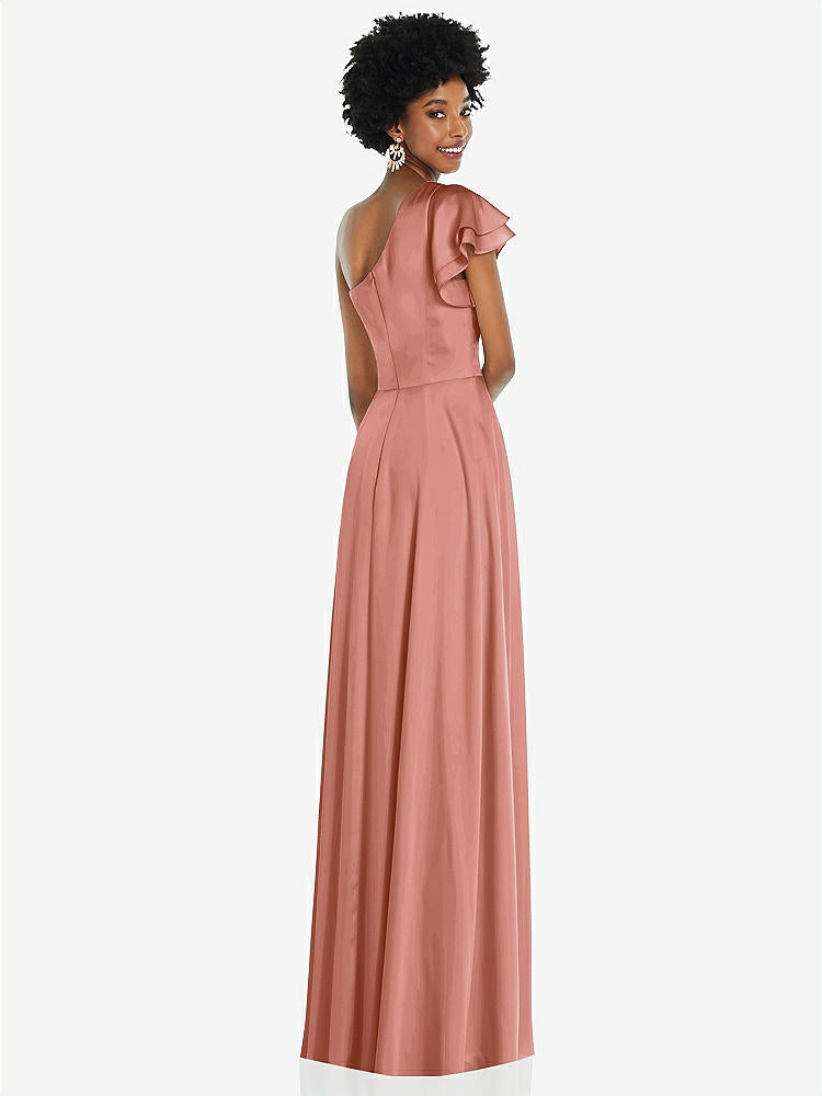 【NEW】【STYLE: 3099】ドレープ ワンショルダー フラッター 袖 マキシ ドレス 前面 スリット【COLOR: Desert Rose】【SIZE: 00-30W】