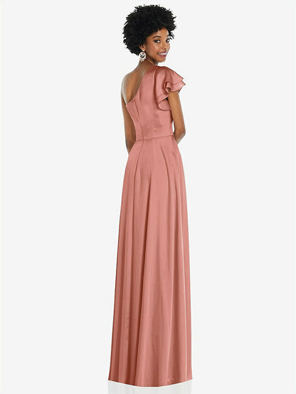 【NEW】【STYLE: 3099】ドレープ ワンショルダー フラッター 袖 マキシ ドレス 前面 スリット【COLOR: Desert Rose】【SIZE: 00-30W】
